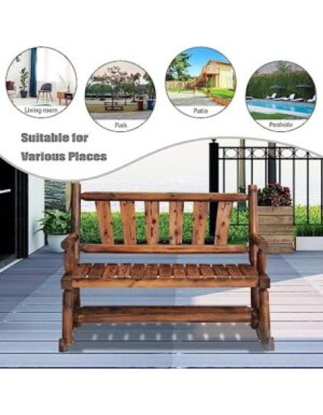 KINTNESS Outdoor Wood Double Rocking Chair - 2-Person Patio Rocker Bench for Balcony Yard Poolside