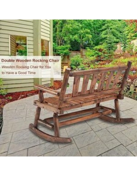 KINTNESS Outdoor Wood Double Rocking Chair - 2-Person Patio Rocker Bench for Balcony Yard Poolside