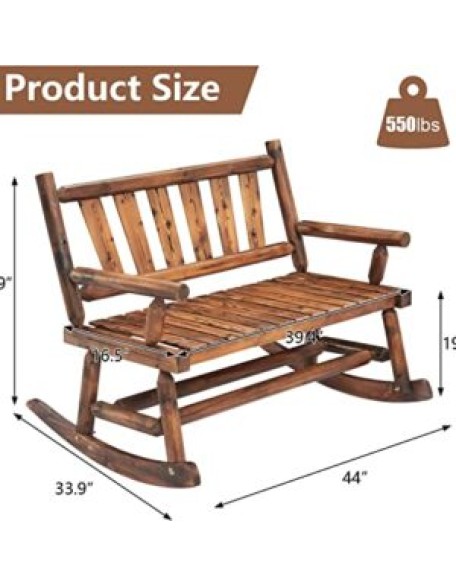 KINTNESS Outdoor Wood Double Rocking Chair - 2-Person Patio Rocker Bench for Balcony Yard Poolside