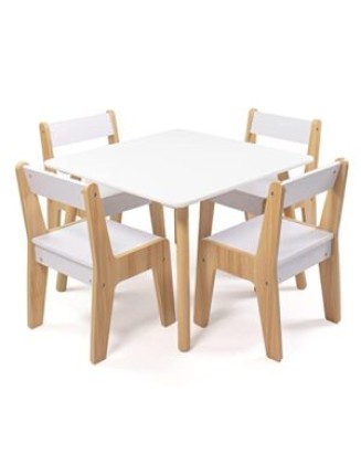 White/Natural Modern Wood Kids Table and 4 Chairs Set