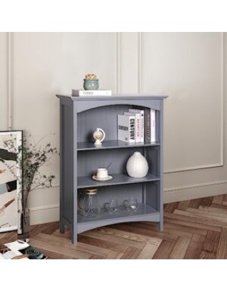 3 Tier Bookcase with 2 Arched Supports, 40 Inches, Gray