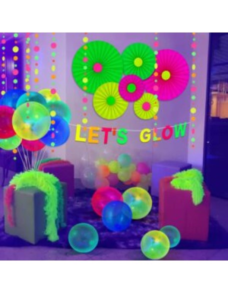 31 Pieces Glow Neon Party Supplies UV Reactive Set Fluorescent Hanging Paper Fans Black Light Glow Balloons Neon Paper Fans and Balloons Party Decorations for Glow Parties Birthdays Weddings