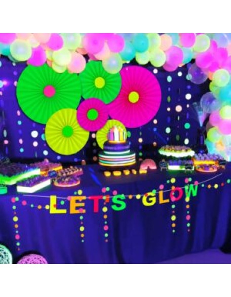 31 Pieces Glow Neon Party Supplies UV Reactive Set Fluorescent Hanging Paper Fans Black Light Glow Balloons Neon Paper Fans and Balloons Party Decorations for Glow Parties Birthdays Weddings