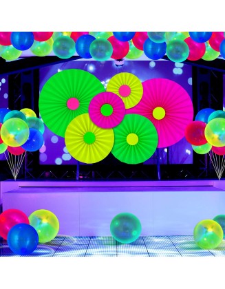 31 Pieces Glow Neon Party Supplies UV Reactive Set Fluorescent Hanging Paper Fans Black Light Glow Balloons Neon Paper Fans and Balloons Party Decorations for Glow Parties Birthdays Weddings