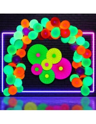 31 Pieces Glow Neon Party Supplies UV Reactive Set Fluorescent Hanging Paper Fans Black Light Glow Balloons Neon Paper Fans and Balloons Party Decorations for Glow Parties Birthdays Weddings