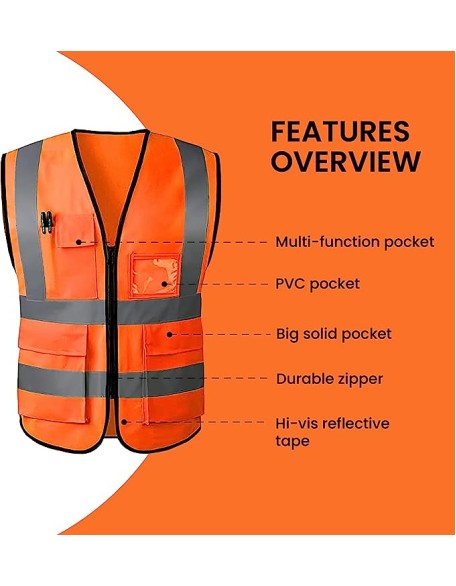 Hi Vis Safety WaistCoat Orange Vest With High Reflective Visibility st